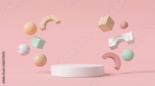 3D white stone podium with a minimalist pastel pink background for product display