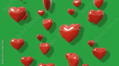 Red 3D Hearts Floating Pattern on Green Screen Background, Valentine Day Love Concept
