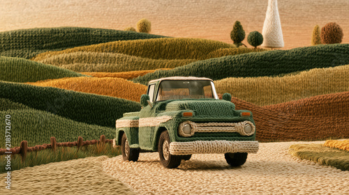 Green vintage pickup truck on rural road among rolling farmland hills