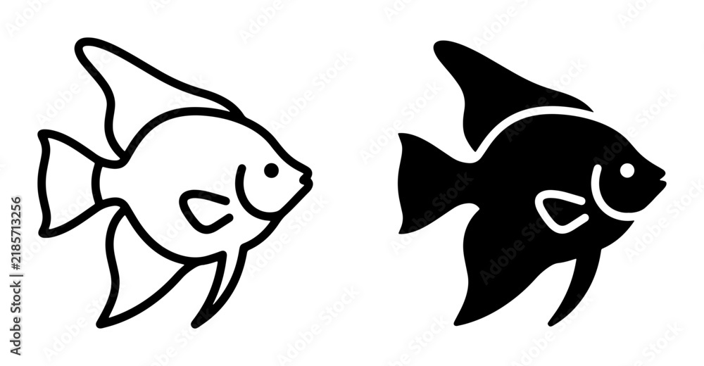 Fototapeta premium Angelfish Vector Icons: Outline and Silhouette, Aquatic Life, Tropical Fish, Marine Animal Graphics for Ocean, Aquarium, and Underwater Themes