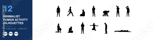 Minimalist Human Activity Silhouettes Set, Depicting Various Actions and Poses Featuring Silhouette, Figures
