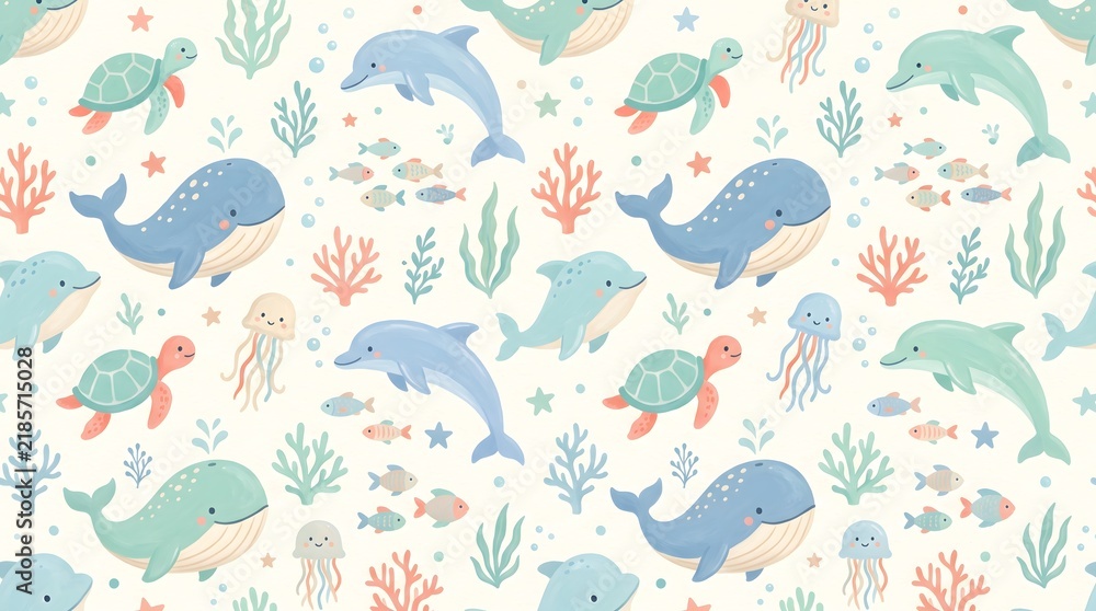 Fototapeta premium Seamless pattern with cute ocean animals like whales, dolphins, turtles and jellyfish