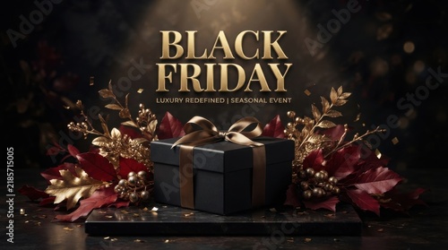 Black friday sale concept featuring a black gift box decorated with golden ribbon and surrounding festive foliage