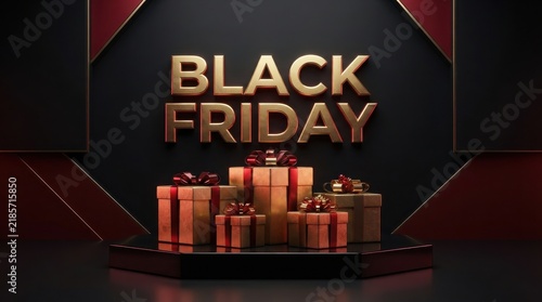 Collection of stacked gift boxes for a black friday shopping event against a geometric background with shopping