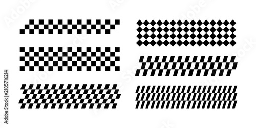 Race flag lines set. Black and white checker finish ribbon. Car race check grid pattern. Rally border texture. Graphic design element. Pixel stripe. Vector illustration isolated on white background.