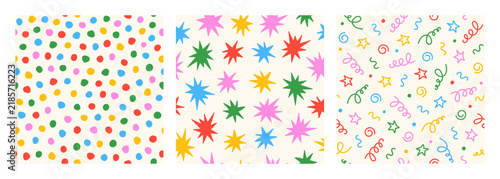 Vector set of festive hand drawn seamless patterns with confetti, polka dots and stars on a beige background. Birthday childish decoration.
