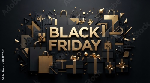 Black friday typography surrounded by shopping bags and gift boxes on dark background with typography
