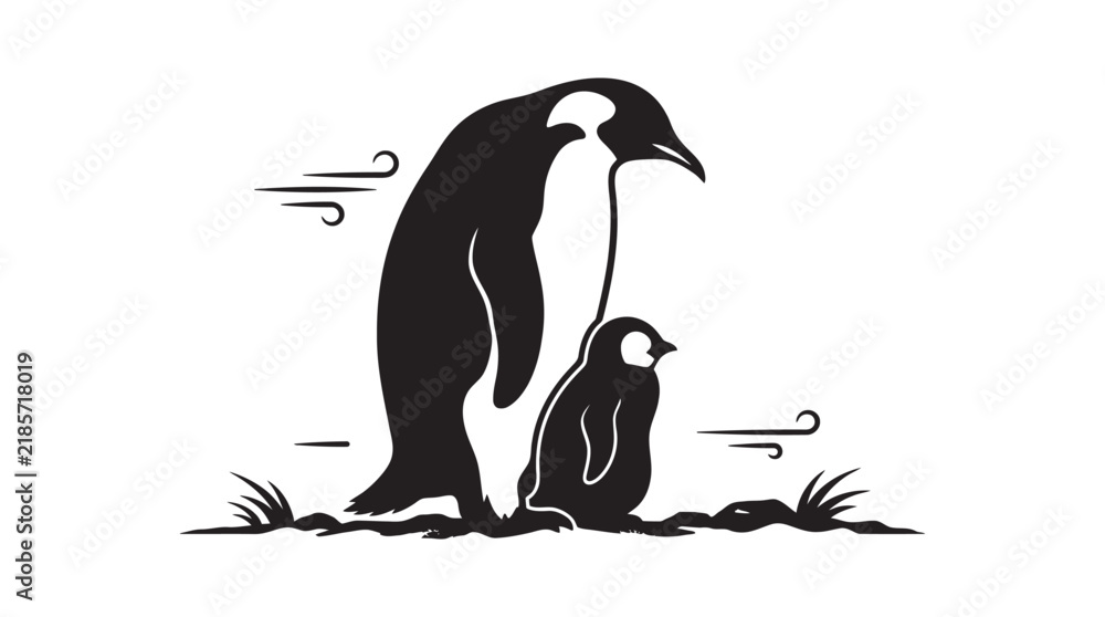 Obraz premium Penguin parent and chick depicted as a black silhouette