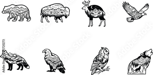 Vintage wilderness animal silhouettes with mountain landscapes, set of 8 rustic wildlife vector icons, black and white nature illustrations