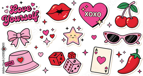 Sticker illustration collection playful romantic artwork design set, expressive motif concept, decorative illustration set, flat vector illustration