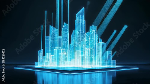 Glowing blue holographic city skyline rising from a rectangular platform against a black background