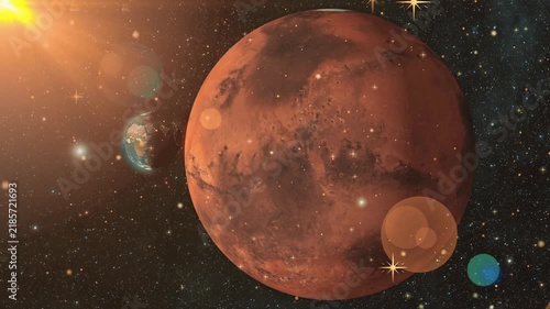 Red planet and small blue world drifting slowly through the dark starry outer space environment with blue globe floating planet smaller floating deep video red astrophysics exploration astronomy