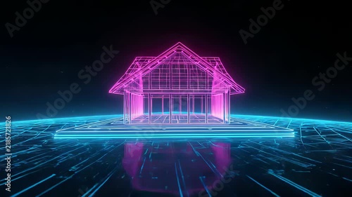 Glowing pink holographic house hovering above a blue digital grid against a black background