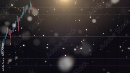 Financial candlestick charts showing market trends with blue bokeh particles on a dark background with video animated financial fluctuating market data fluctuation information investment business