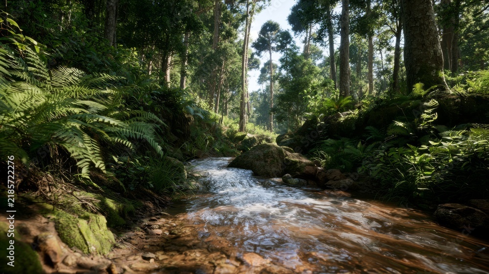 Fototapeta premium Serene Forest Stream Flowing Through Lush Greenery with Dappled Sunlight Filtering Through Tall Trees in a Peaceful Natural Landscape