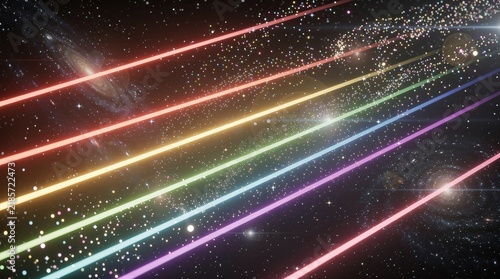 Colorful laser beams cut through a starry cosmic background, creating a vibrant, futuristic light show in space.