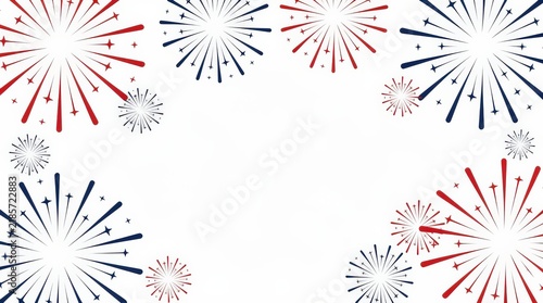 Abstract red, white, and blue starburst fireworks pattern on a white background, creating a festive and celebratory atmosphere.