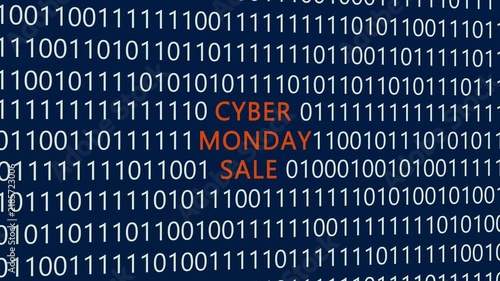 Cyber Monday sale text or word with digital binary animation background, designed for an illustrative digital world technology concept representing e-commerce, discount, and shopping.