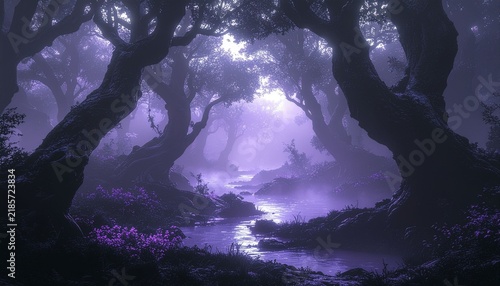 An eerie, pitch-black forest with gnarled, twisted branches; a haunting purple mist in an enchanted wood; and a mysterious swamp landscape featuring distorted silhouettes.
