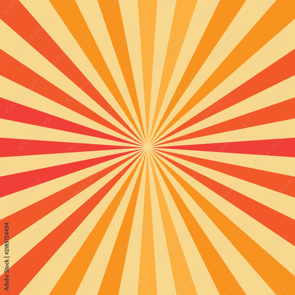 Fototapeta premium Yellow and orange retro sunburst background in groovy grunge texture design, nostalgic hippy abstract illustration in striped radial sun rays or starburst effect vector.