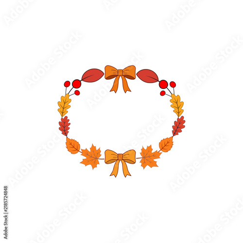 Autumn Floral Wreath Frame with Fall Leaves Berries and Ribbon Bow Vector Illustration Isolated on White Background