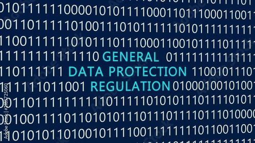 General data protection regulation text or word with digital binary animation background, designed for an illustrative digital world technology concept representing privacy and compliance.