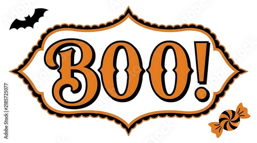 Vintage halloween boo illustration with bats and ornate decorative frame