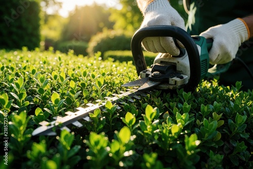 Gardener uses electric hedge trimmer to prune green shrubbery in backyard. Professional landscaper cuts garden hedge with power tool for maintenance. Man wearing gloves trims bushes near sunny