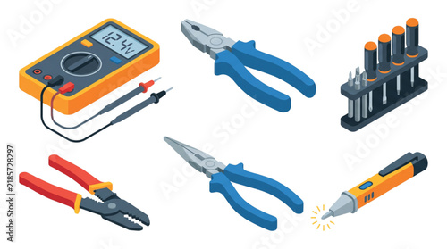 3D Isometric Electrician Tools Set with Multimeter, Pliers, Screwdrivers, Wire Stripper, and Voltage Tester