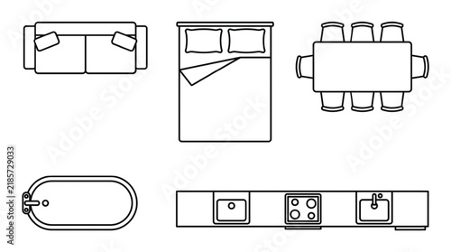 Top View Architectural Furniture Symbols Set with Sofa, Bed, Dining Table, Bathtub, and Kitchen Counter Floor Plan Icons