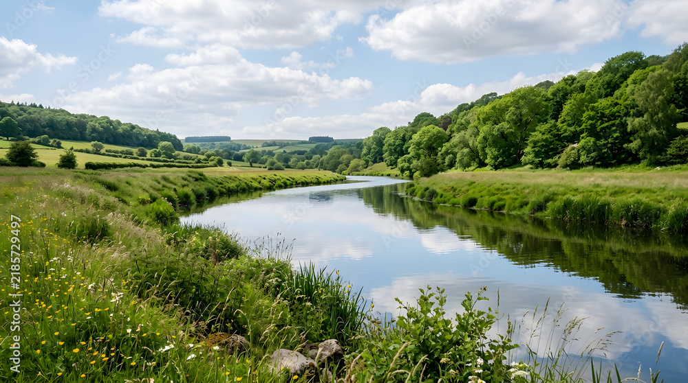 Obraz premium A peaceful river winding through the lush green countryside of the English landscape.