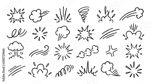 Hand drawn comic speed effect vector set with cartoon explosion bursts, motion lines, smoke puffs, swirls and action accents for pop art, posters, stickers, comics and social media design projects