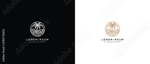 Circular Tropical Logo with Palm Tree and Waves
