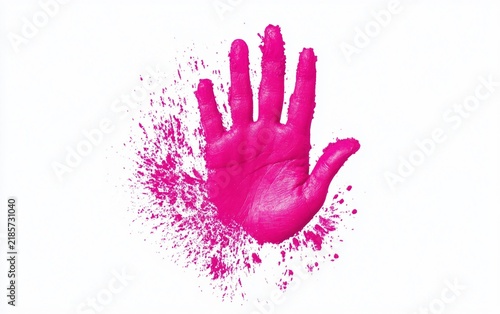 Pink Handprint Created with Holi Color Isolated on white background.