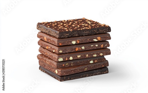 Stack of Assorted Chocolate Bars with Visible Nuts Isolated on white background.