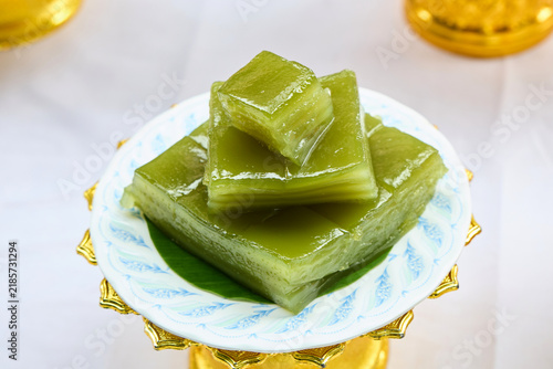 Traditional Thai layered sweet cake Khanom Chan on a plate
