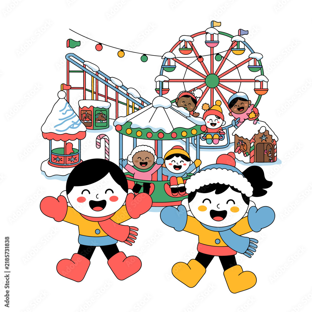 Naklejka premium Children Playing at Winter Carnival with Ferris Wheel and Carousel, Festive Snowy Amusement Park Scene