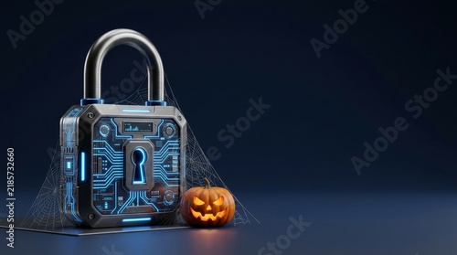 Halloween inspired digital security idea showcasing high tech padlock designed as carved pumpkin