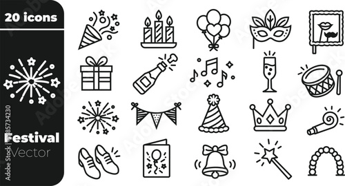 Festival and celebration icons, festival and celebration outline icon set with party symbols, festival, celebration, party, holiday, birthday, event, decoration, festive