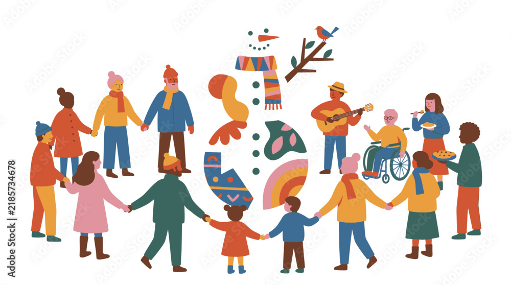 Fototapeta premium Diverse group of people holding hands around a snowman
