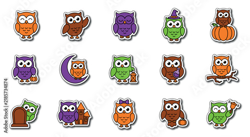 Set of cute cartoon owl stickers for halloween party decorations and kids craft projects