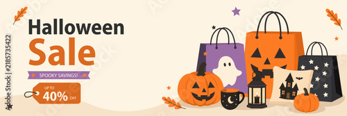 Halloween sale banner with shopping bags, jack o lantern pumpkins, ghost, haunted house and festive decorations. Promotional design with 40 percent discount offer for seasonal shopping.