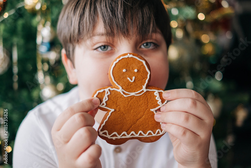 Cute teenager kid boy close up giving the gingerbread handmade cookies to the camera happy Christmas holiday family celebration lifestyle portrait at cozy home indoors nearby the decorated xmas tree