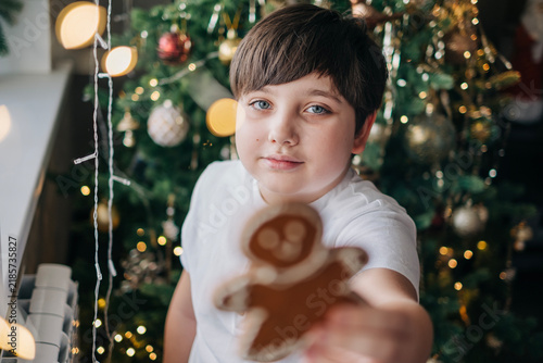Cute teenager kid boy giving the gingerbread handmade cookies to the camera happy Christmas holiday family celebration lifestyle portrait at cozy home indoors nearby the decorated xmas tree