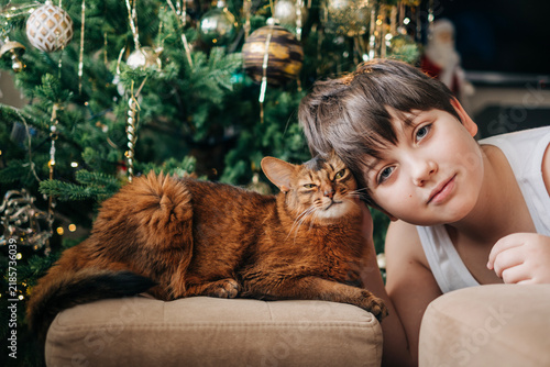 Kid boy teanager 12-years old with his pet red fluffy cat nearby decorated christmas tree closeup portrait somali breed cats
on the xmas hollidays at cozy home indoors lifestyle headshot