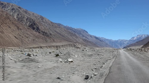 Leh Ladakh beautiful mountain roads in India. empty danger road cold mountain river valley Ladakh, India. Ladakh bike riders luggage landscape. way to Nubra, Pangong lake, Manali, Kargil, Kashmir