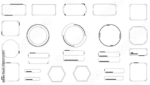 Collection of futuristic sci-fi interface frames and circular HUD elements in black outline style, perfect for technology designs.