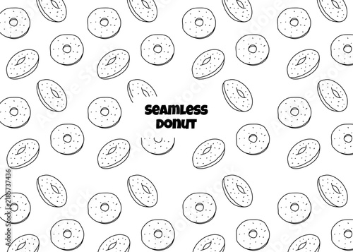 Doughnut illustration pattern with black outline and white background, food packaging, menu illustration hand drawn print ads, food business, bakery
