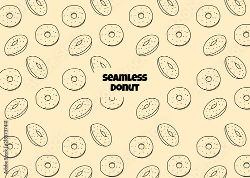 Doughnut illustration pattern with black outline and cream background. Food packaging, menu illustration hand drawn print ads, food business, bakery