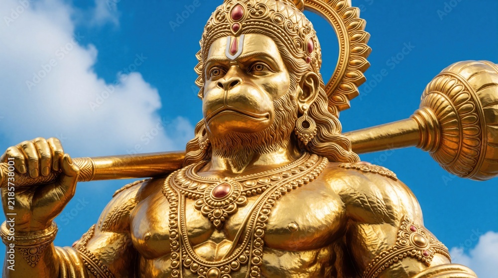 Fototapeta premium Majestic golden Hanuman statue stands against blue sky with white clouds. Powerful monkey god holds large mace weapon. Ornate sculpture shows muscular deity with intricate jewellery, divine
